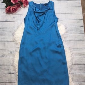 Hugo Boss Blue Satin Draped Neck Sheath Dress